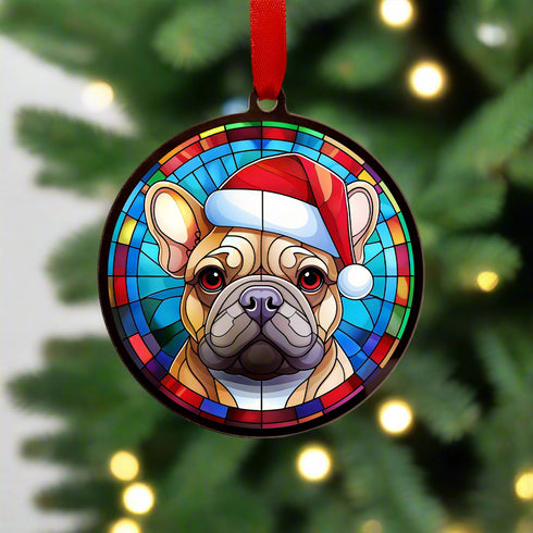 French Bulldog Tan in Santa Hat Suncatcher Decoration